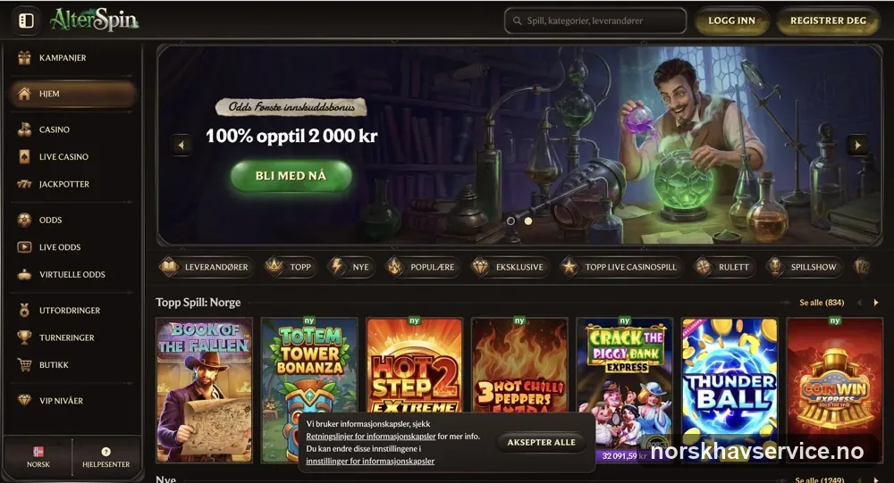 Skjermbilde av forsiden til Alterspin Casino med velkomstbonus på 250 % opptil 30 000 kr