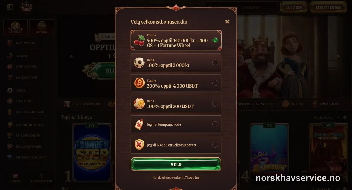 Crazytower Casino: valg av velkomstbonus med 500 % opptil 140 000 kr + 400 gratisspinn, oddsbonus og kryptobonus